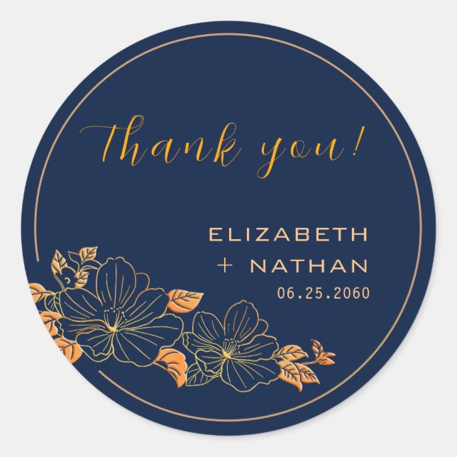 Sticker Rond Classy Gold Floral Marine Bleu Mariage Merci (Devant)