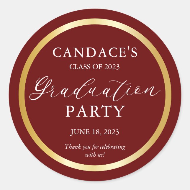 Sticker Rond Classy Gold Minimalist Graduation Party Maroon (Devant)