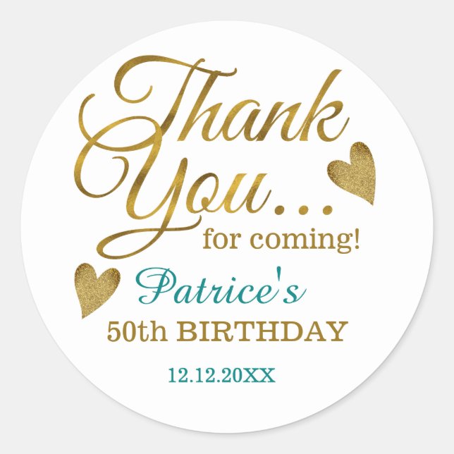 Sticker Rond Classy Gold Turquoise 50e anniversaire Merci (Devant)
