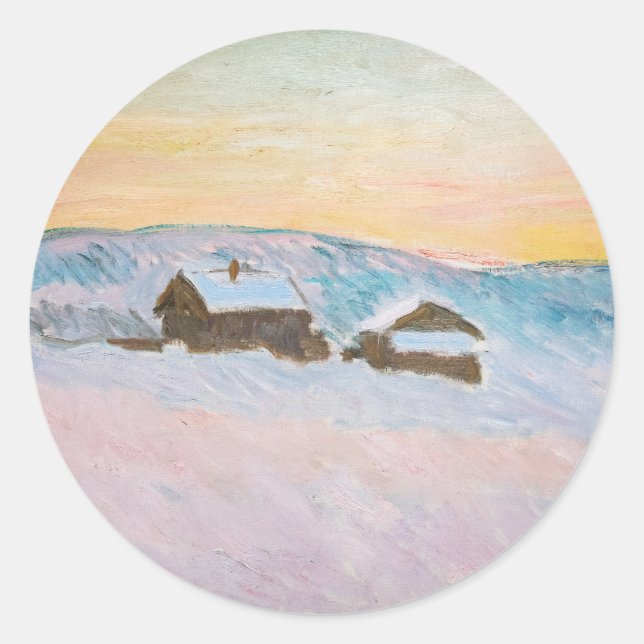 Sticker Rond Claude Monet - Norvège Paysage, Maisons Bleues (Devant)