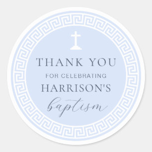 Sticker Rond Clé grecque Merci Baptême Bleu