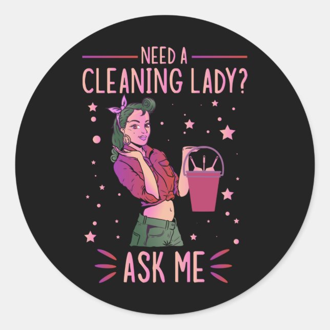 Sticker Rond Cleaning Lady Housekeeper Housekeeping Cleaner Gra (Devant)