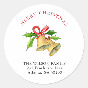 Sticker Rond Cloches de Noël avec adresse Bow rouge