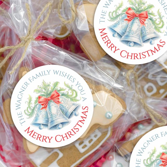 Sticker Rond Cloches en argent aquarelle arc rouge Joyeux Noël (Créateur téléchargé)