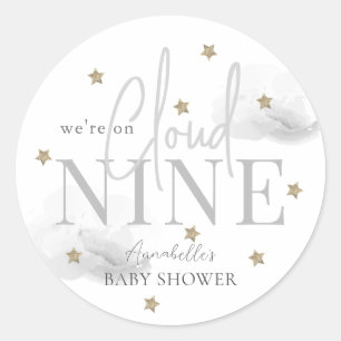 Sticker Rond Cloud gris 9 étoiles d'or Aquarelle Baby shower ga