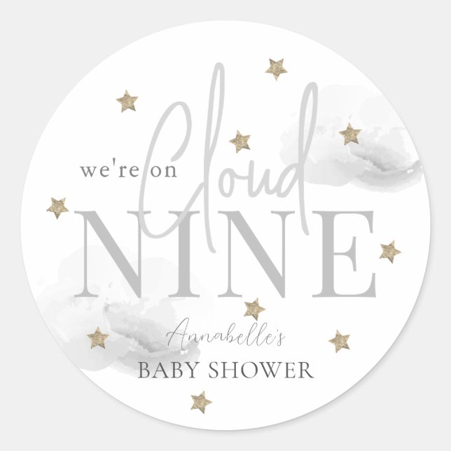 Sticker Rond Cloud gris 9 étoiles d'or Aquarelle Baby shower ga (Devant)