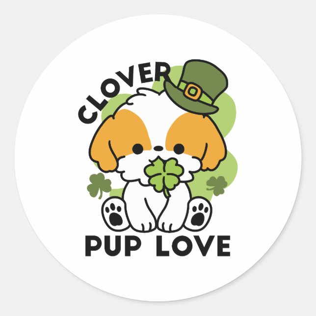 Sticker Rond Clover Pup Love - St. Patrick's Day Chien Design (Devant)