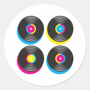 Sticker Rond CMYK pop art vinyle disques 80s style couleurs viv
