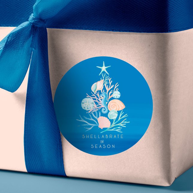 Sticker Rond Coastère Ocean Beach Seashell Christmas Tree (Coastal Ocean Beach Seashell Christmas Tree Classic Round Sticker)