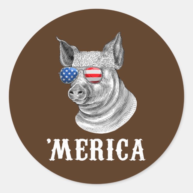 Sticker Rond Cochon 4 juillet fermier drapeau américain États-U (Devant)