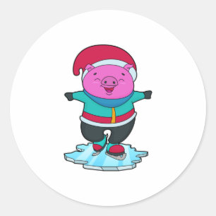 Sticker Rond Cochon à Patinage sur glace avec patins sur glace