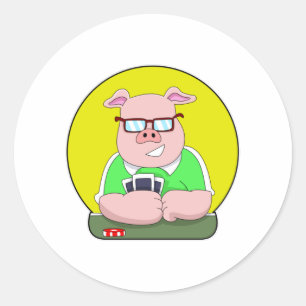 Sticker Rond Cochon au poker avec cartes
