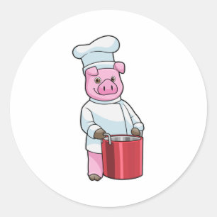 Sticker Rond Cochon comme cuire avec pot de Cuisine