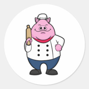 Sticker Rond Cochon comme cuisson avec broche à rouleaux