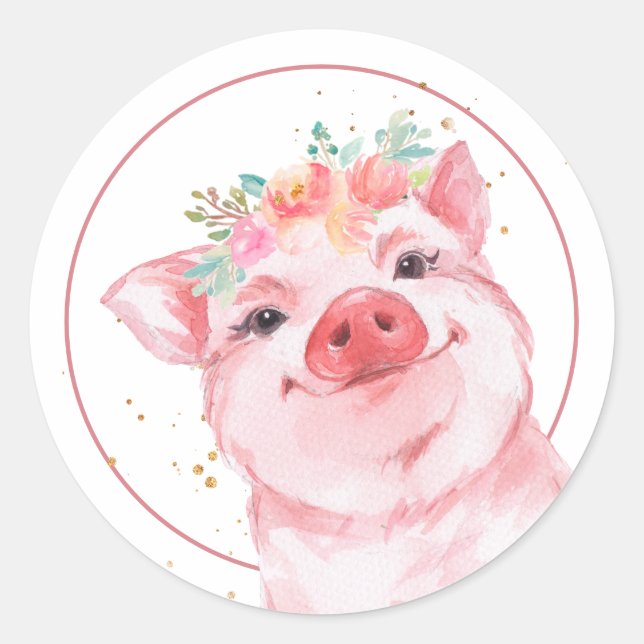 Sticker Rond Cochon d'aquarelle mignonne (Devant)