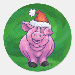Sticker Rond Cochon de Fête à Santa Hat sur Vert