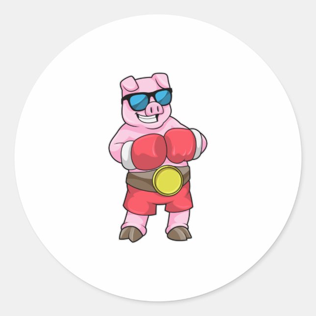 Sticker Rond Cochon en boîte avec gants de boxe (Devant)