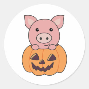 Sticker Rond Cochon En Citrouille Cochons Doux Joyeux Halloween
