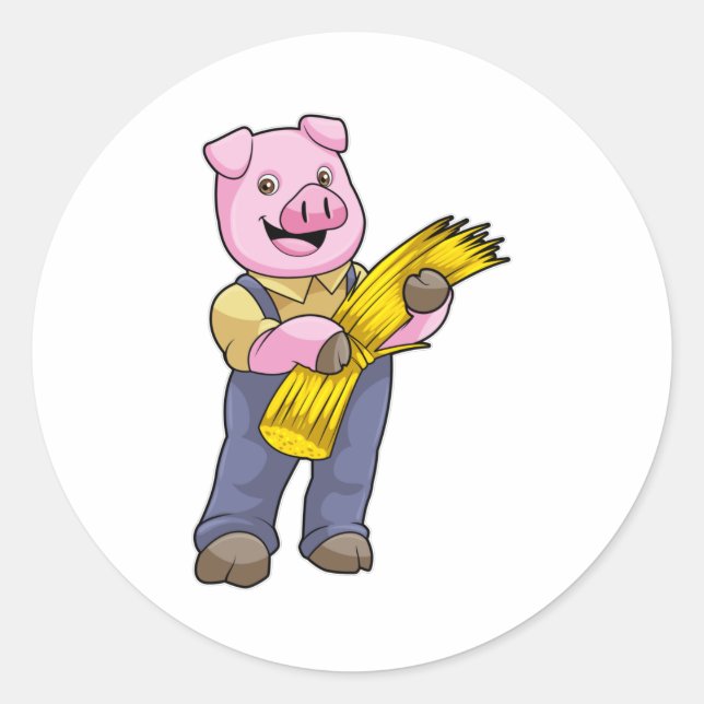 Sticker Rond Cochon en fermier avec paille (Devant)