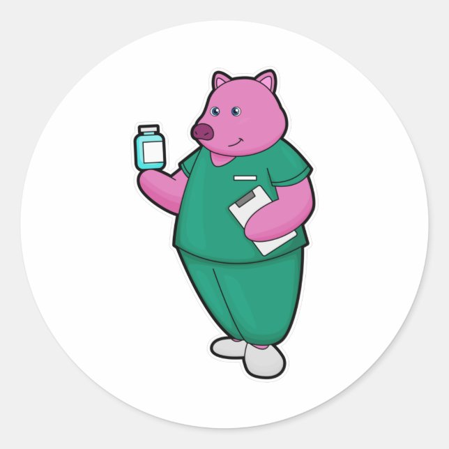 Sticker Rond Cochon en infirmière en médecine (Devant)
