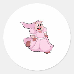 Sticker Rond Cochon en mariée avec robe Mariage
