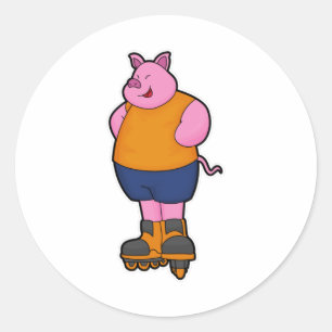 Sticker Rond Cochon en patinage avec patins en ligne