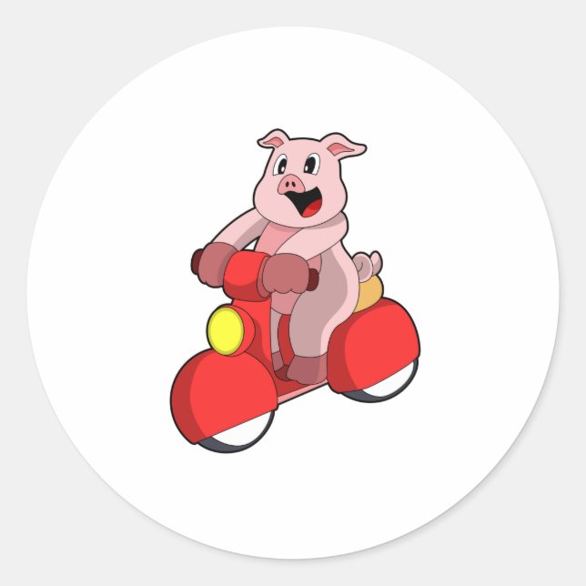 Sticker Rond Cochon en vélo avec Scooter (Devant)