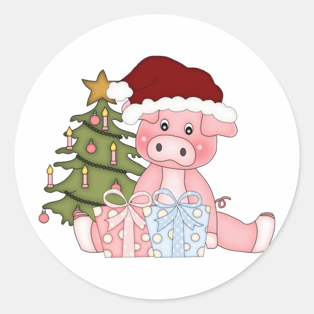 Sticker Rond Cochon et arbre de Noël (Devant)