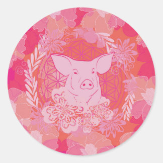 Sticker Rond cochon, fleur de vie, bleu, mandala, zen, chakra,