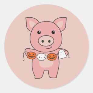 Sticker Rond Cochon Happy Halloween Citrouille Chat costume cla