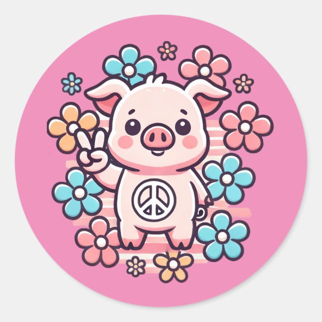 Sticker Rond Cochon mignon avec la paix Signal & Fleurs à thème (Devant)