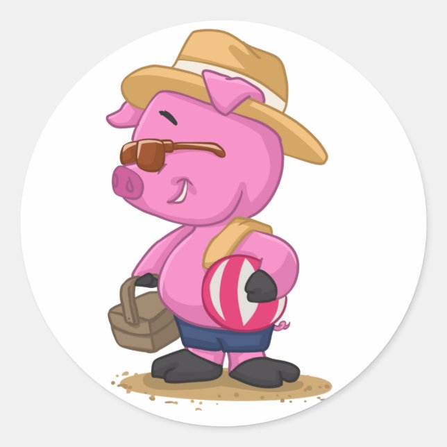 Sticker Rond Cochon mignon sur la plage de sable | choisir la c (Devant)