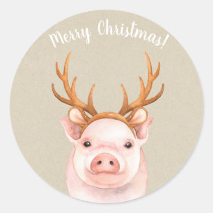Sticker Rond Cochon portant des bois de renne Fêtes de Noël