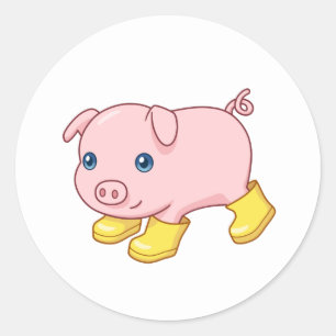 Sticker Rond Cochonnet mignon en bottes jaunes en caoutchouc