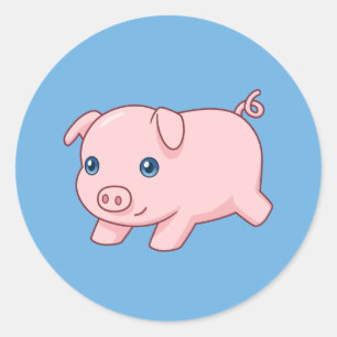 Sticker Rond Cochonnet mignon en train de courir sur fond bleu