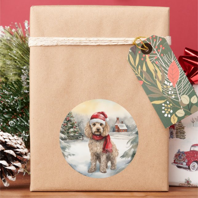 Sticker Rond Cockapoo Dog in Snow Christmas (vacances)