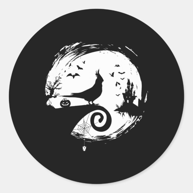 Sticker Rond Cockatiel Halloween Costume Lune Silhouette Déplai (Devant)