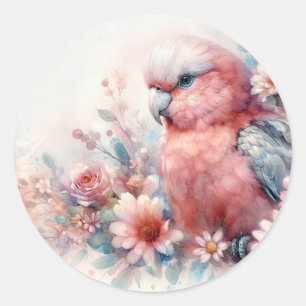 Sticker Rond Cockatoo Floral Pastel Aquarelle