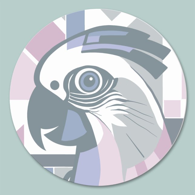 Sticker Rond Cockatoo Parrot Jouer Geometry Bird Pastel (Cockatoo parrot sticker in modern abstract geometric style with chic colors of lavender, pink & gray)