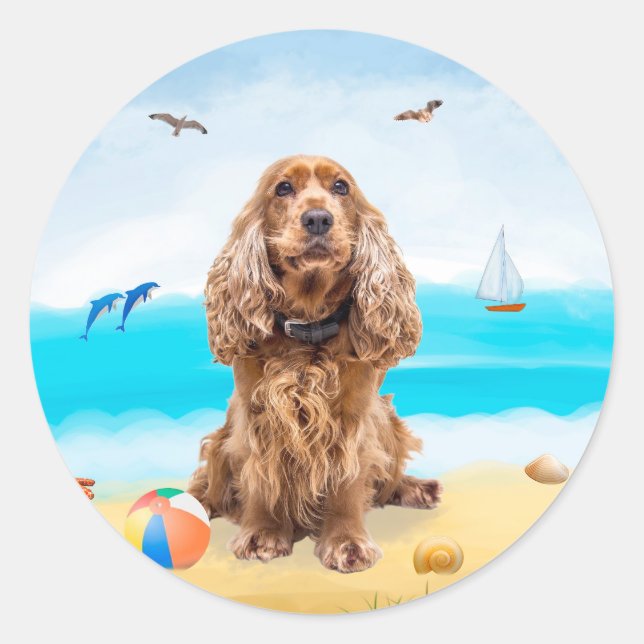 Sticker Rond Cocker Spaniel Chien sur la plage (Devant)