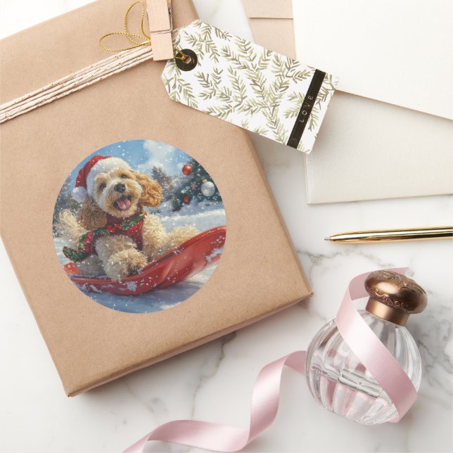 Sticker Rond Cocker Spaniel Dog in Sledge Let it Snow Christmas (Cadeaux)