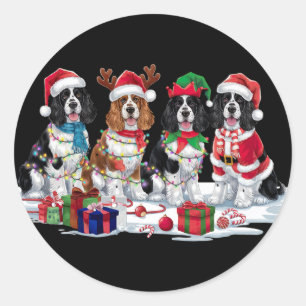 Sticker Rond Cocker Spaniel Santa chapeau bois elfes Noël