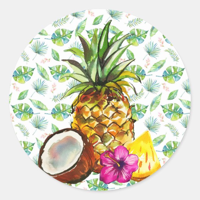 Sticker Rond Cocotier d'ananas tropical, luau, hawaii (Devant)
