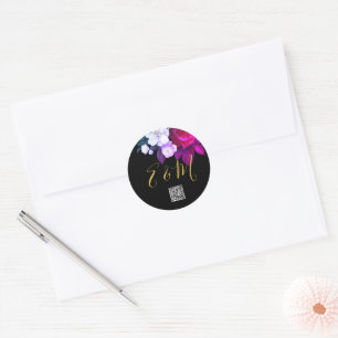Sticker Rond Code QR Élégant violet Rose Monogramme Mariage Cl