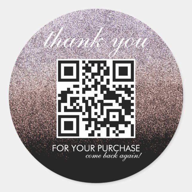 Sticker Rond  Code QR Merci Script Rose Faux Paillettes  (Devant)