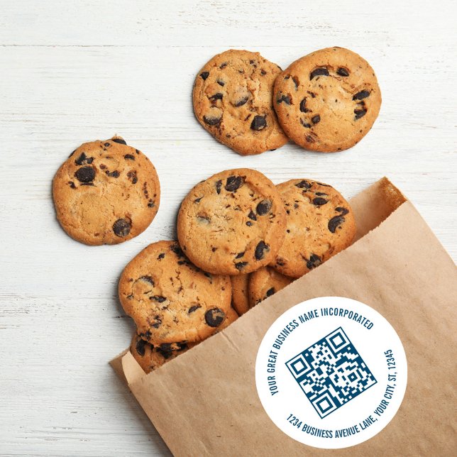 Sticker Rond Code QR promotionnel professionnel bleu (Business sticker label with a scannable QR code template. )
