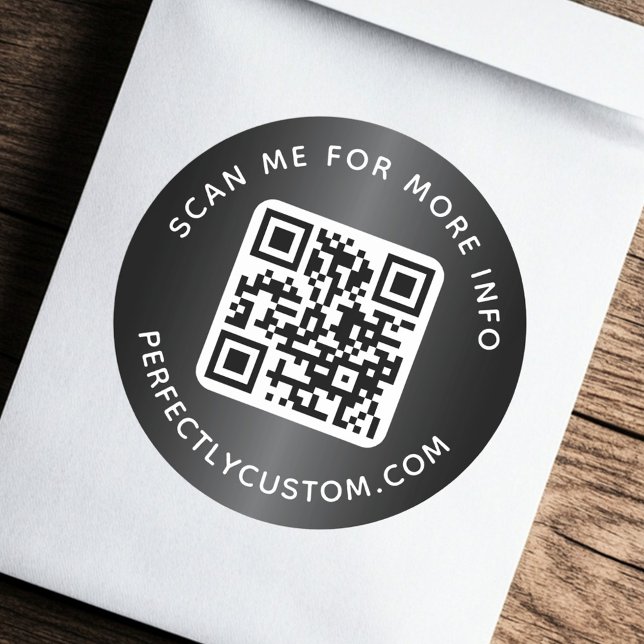 Sticker Rond Code QR texte personnalisé arrondi gris foncé dégr (QR code custom text round dark gray gradient Classic Round Sticker)