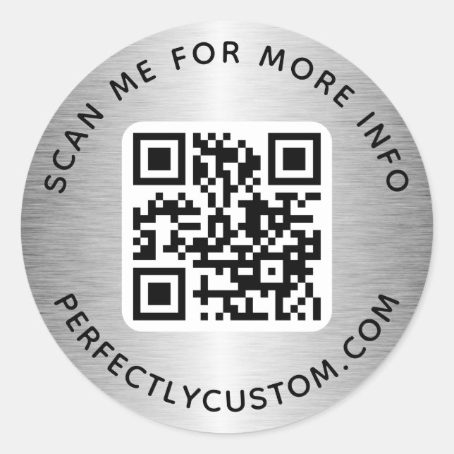 Sticker Rond Code QR, texte personnalisé dégradé gris argenté (Devant)