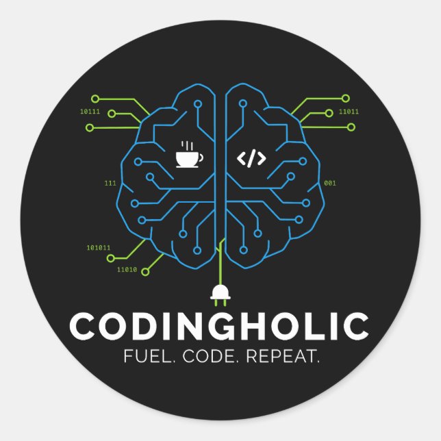 Sticker Rond Codingholic Tech Brain Programmeur Sombre  (Devant)