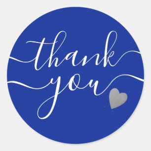 Sticker Rond Coeur Argent Bleu Et Merci Blanc